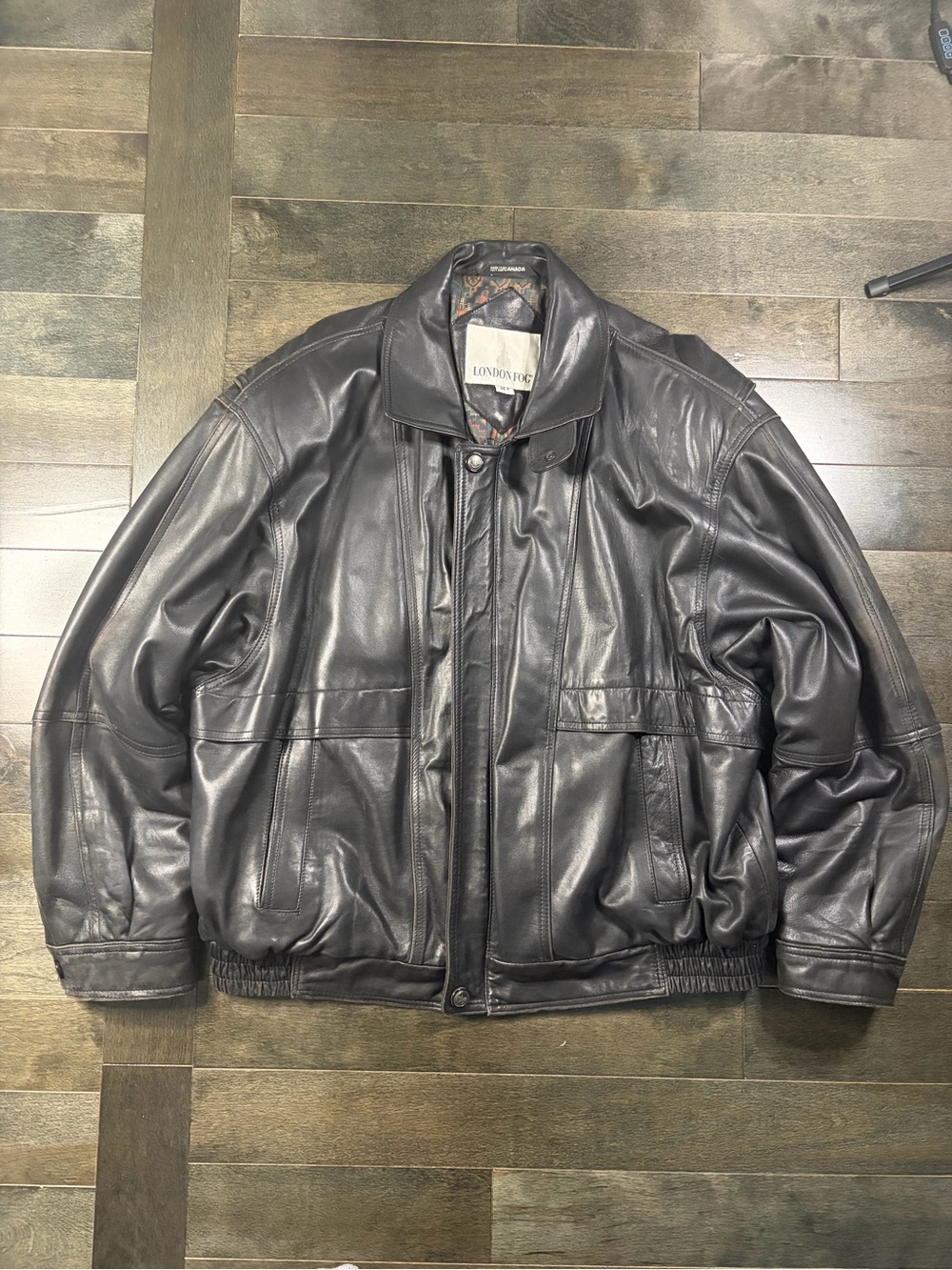 Vintage London Fog Black Leather Bomber Jacket Made in Canada 46R